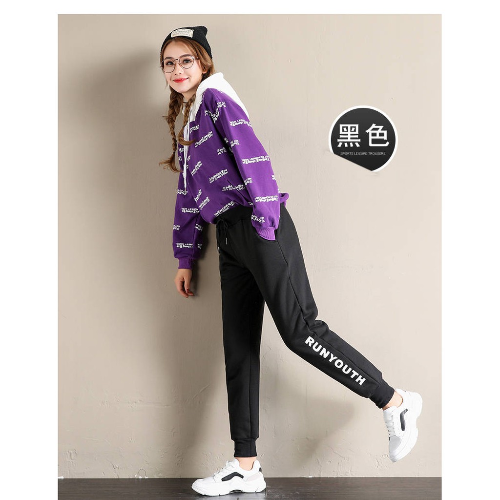 Quần dài thể thao dây rút eo màu đen bình thường dành cho sinh viên nữ