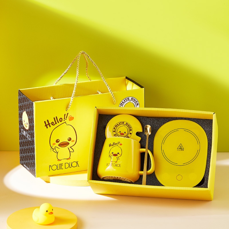 Bộ cốc hâm nóng hình chú vịt vàng đế điện hâm trà, cafe, sữa kèm hộp đựng và thìa cao cấp