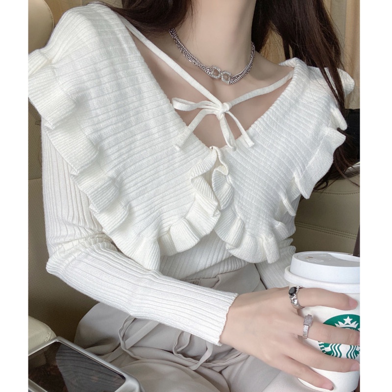 Áo len dệt kim Pure Cube mỏng màu trơn viền cổ búp bê ngọt ngào cho nữ