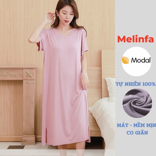 Váy dầm nữ ngắn tay vải Modal (gỗ Sồi) tự nhiên co giãn mát lạnh kiểu dáng basic freesize mã V0246