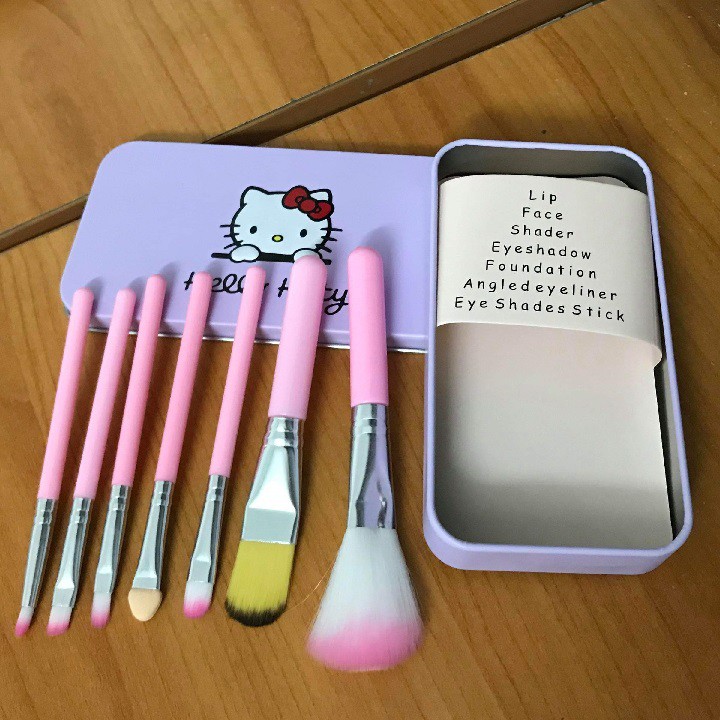 Bộ cọ trang điểm 7 món mini màu hồng hello kitty kèm hộp đựng thaylamua