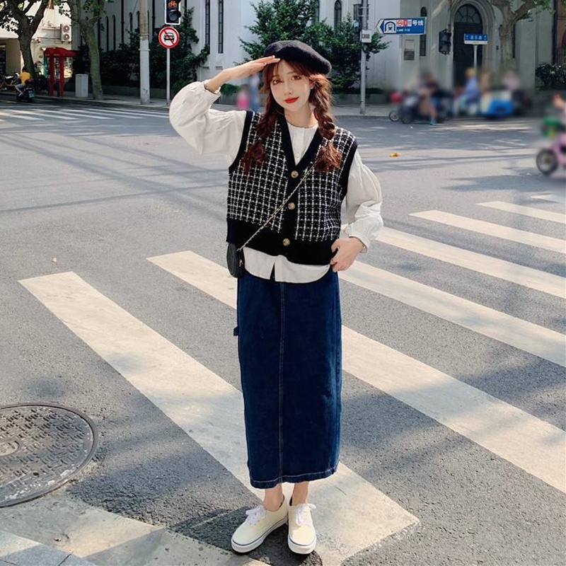 Áo Khoác Cardigan Dệt Kim Không Tay Dáng Rộng Họa Tiết Sọc Caro Phong Cách Hàn Quốc