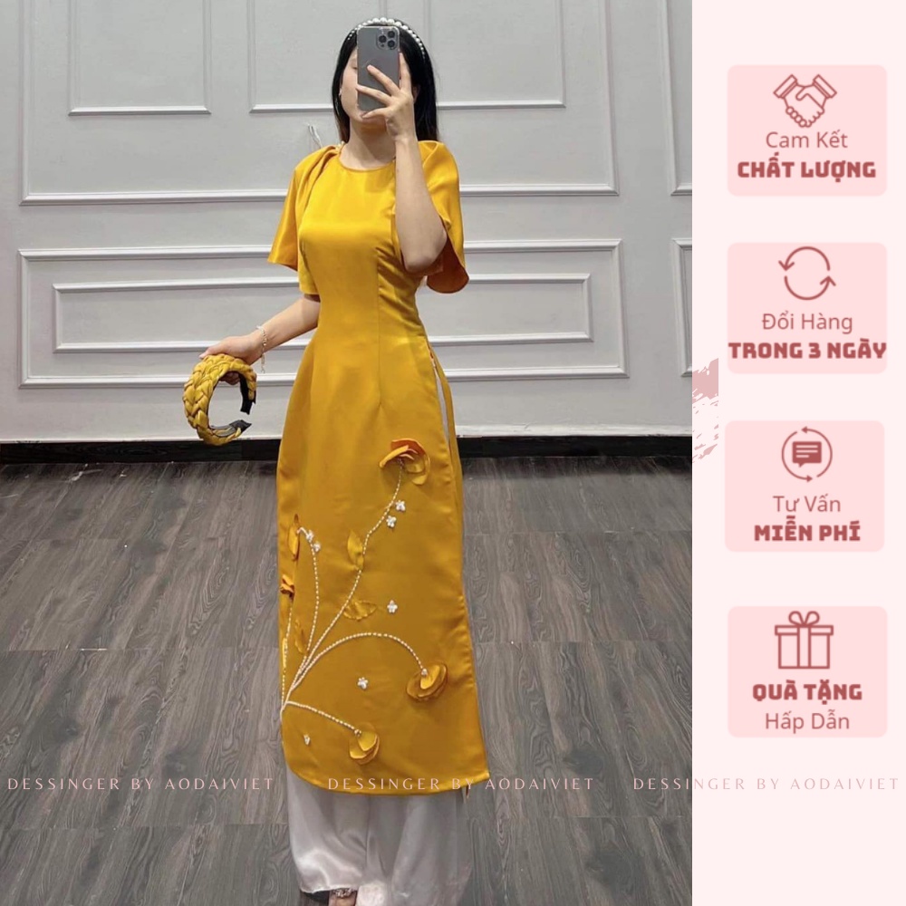 Áo Dài cách tân vải gấm tatta đỏ + vàng , áo dài vai bồng thêu hoa nổi  nhẹ nhàng