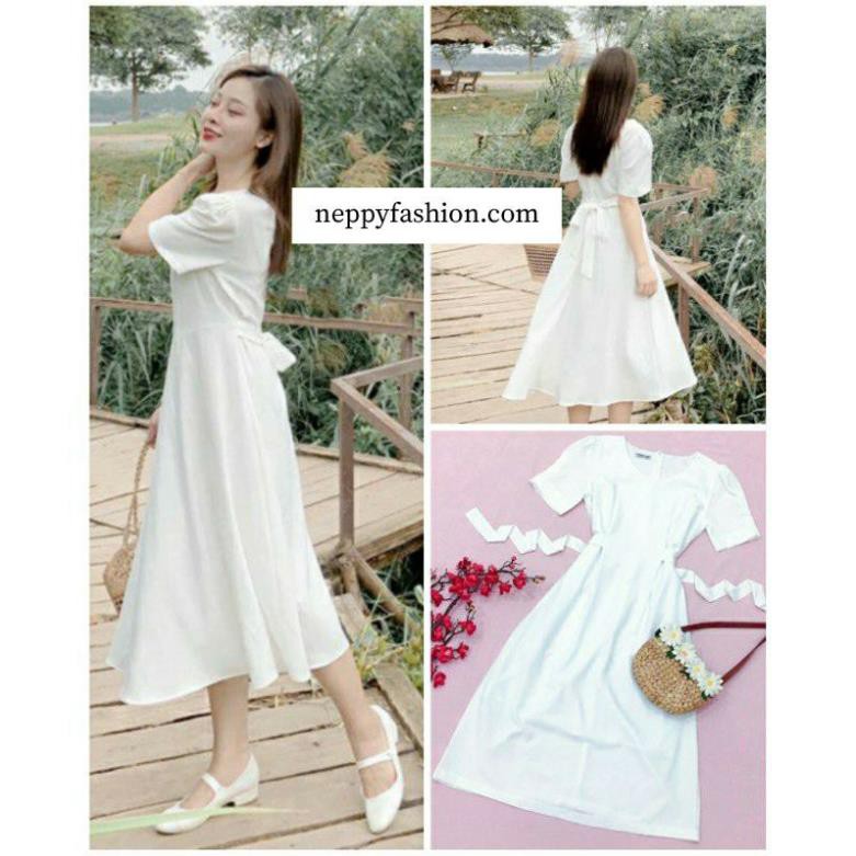 Váy Đầm Maxi trắng cổ tròn thắt eo Neppy Fashion * ྇ ྇