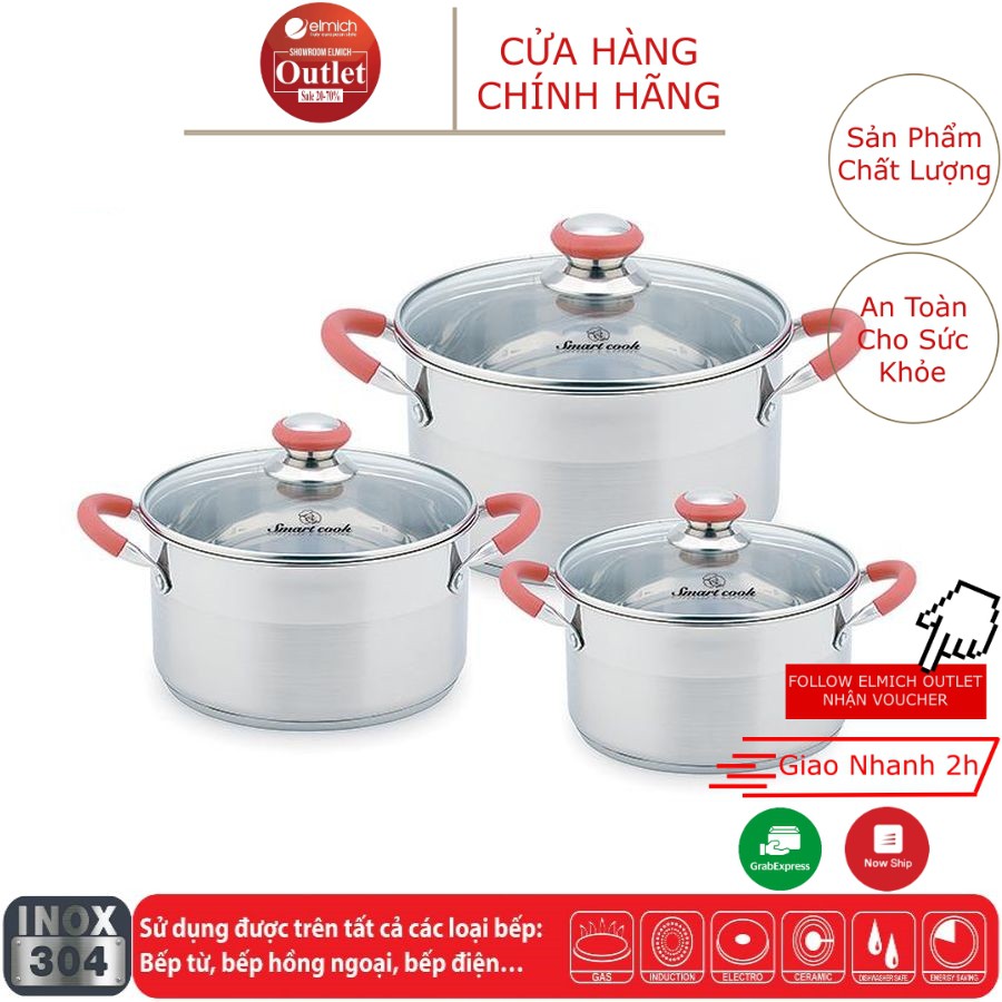 Bộ Nồi 3 Chiếc Inox 304 5 Lớp Đáy Từ ELMICH SmarkCook SM3336 Size18/22/26cm