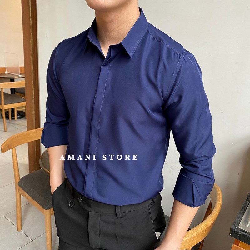 Áo sơ mi nam giấu cúc, Áo sơ mi nam trơn dài tay Hàn Quốc chất lụa Nhật chống nhăn chống phai cao cấp