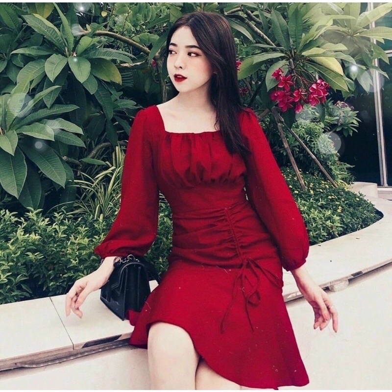 Đầm nhúng ngực tùng rút dây tay dài 2 màu