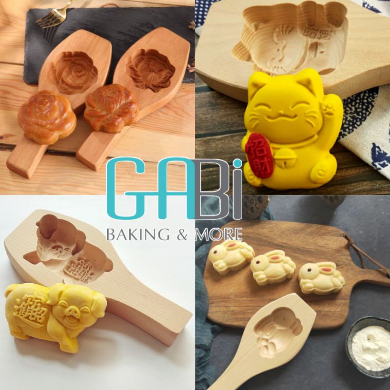 Khuôn trung thu gỗ 1 mặt thỏ/heo/hoa sen/hồng/mèo thần tài