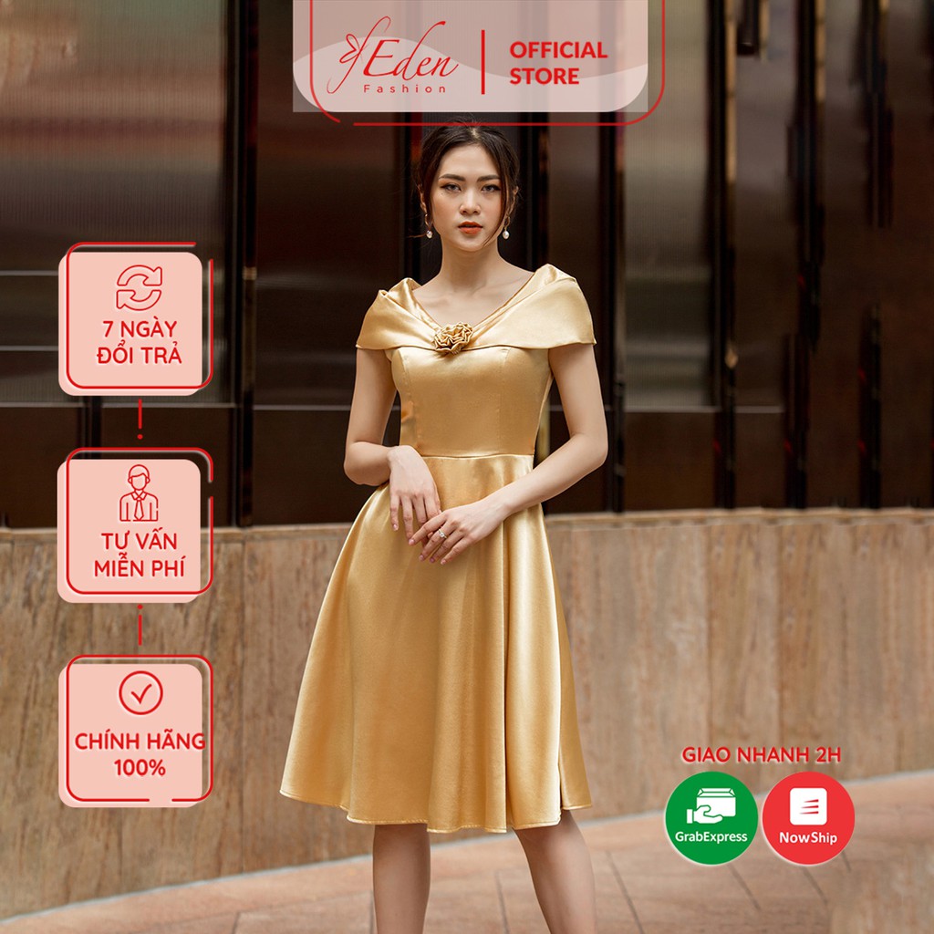 Đầm xòe dự tiệc 2 lớp thời trang Eden bẹt vai phối hoa chất liệu satin siêu mịn quyến rũ - D428