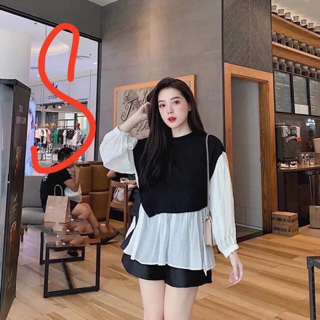 Áo sơ mi phối len đen sz S