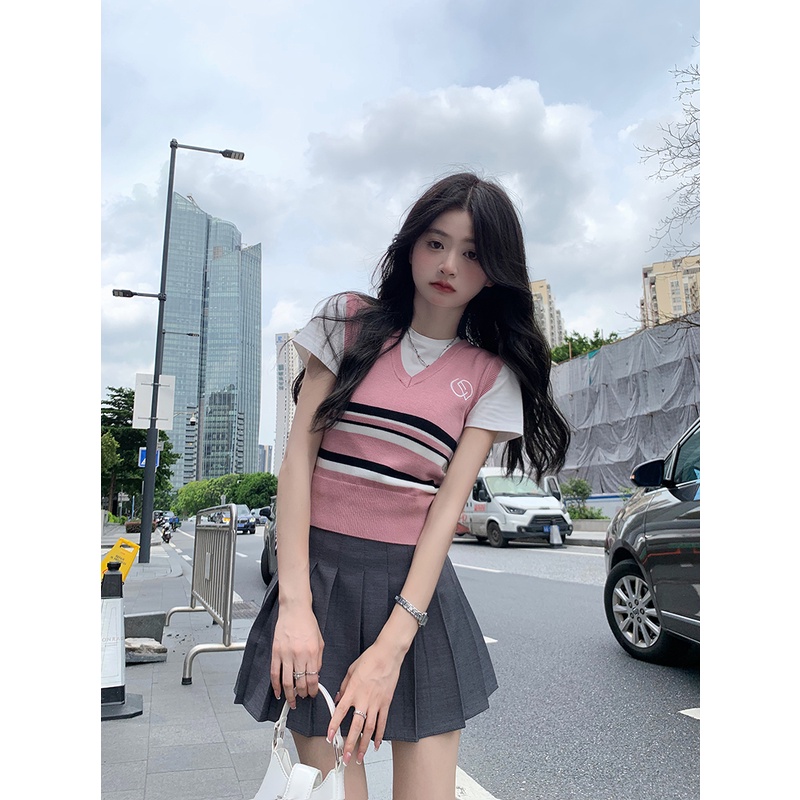 Áo Ghi Lê Hồng Ghi Sọc Ngang Không Tay Sát Nách Cổ Chữ V  Thời Trang Loại 1, Áo Tennis Thể Thao Hàn Quốc