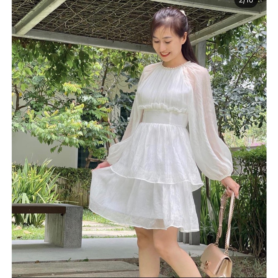 ĐẦM XẾP NHÚM CỔ CHẠY VIỀN HẠT TAY BỒNG