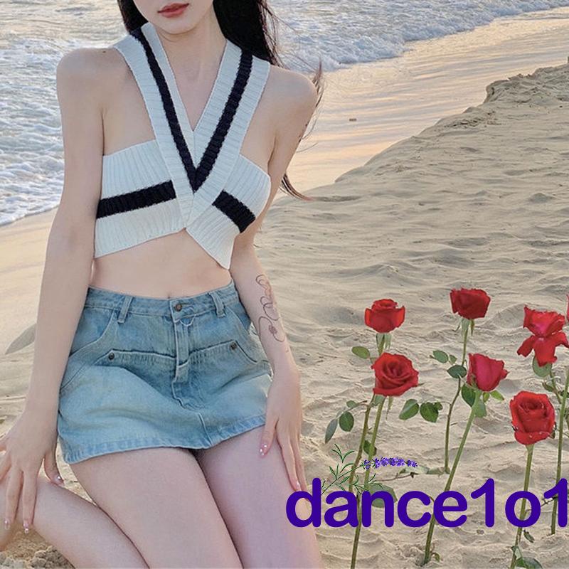 ★Cd☏Áo Dệt Kim Sát Nách Cổ Chữ V Màu Sắc Tương Phản Thời Trang Mùa Hè Cho Nữ