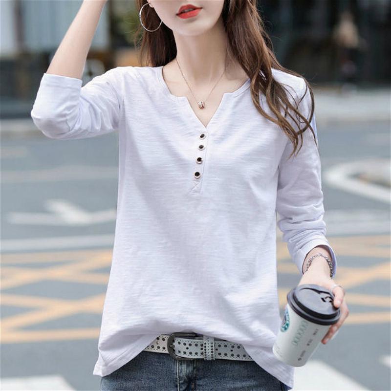 Áo thun tay dài cổ V màu trơn phối nút thời trang năng động cho nữ