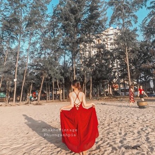 Váy maxi đỏ đi biển Đan lưng QC L1