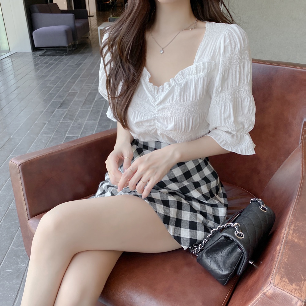 SUXI Áo Sơ Mi Tay Ngắn Cổ Chữ V Màu Sắc Đơn Giản Phong Cách Hàn Quốc