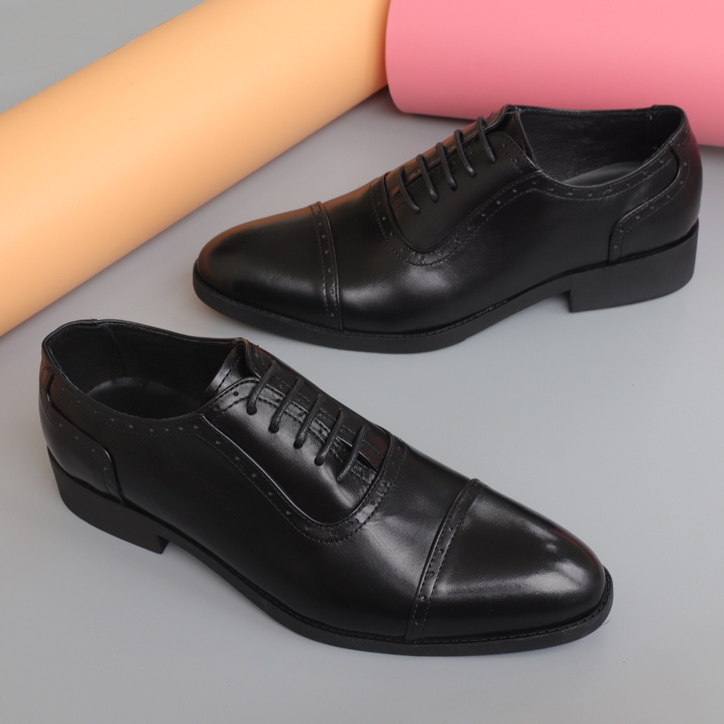 Giày tây da bò cao cấp, giày nam buộc dây da bò đẹp màu đen - HT.NeO3336