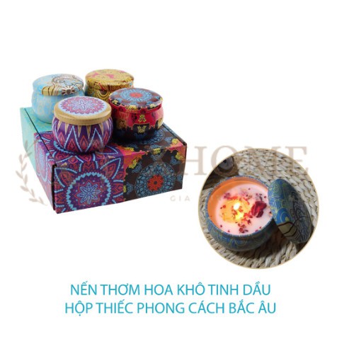 Sét 4 hộp nến thơm hoa khô thiên nhiên cho gia đình, spa, nhà hàng tạo mùi hương dễ chịu, không gian ấm áp