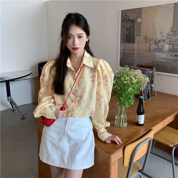 Áo kiểu tay dài cổ bẻ hoạ tiết hoa thiết kế dáng rộng hợp thời trang