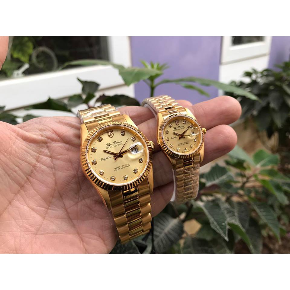 Đồng hồ đôi nam nữ dây kim loại Olym Pianus OP89322 MK / OP68322 LK mặt vàng