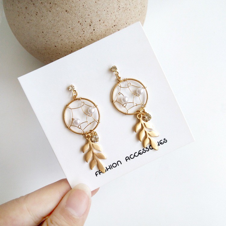 Bông tai dream catcher cách điệu hình lá mạ vàng phong cách vintage dành cho nữ - Mely D79