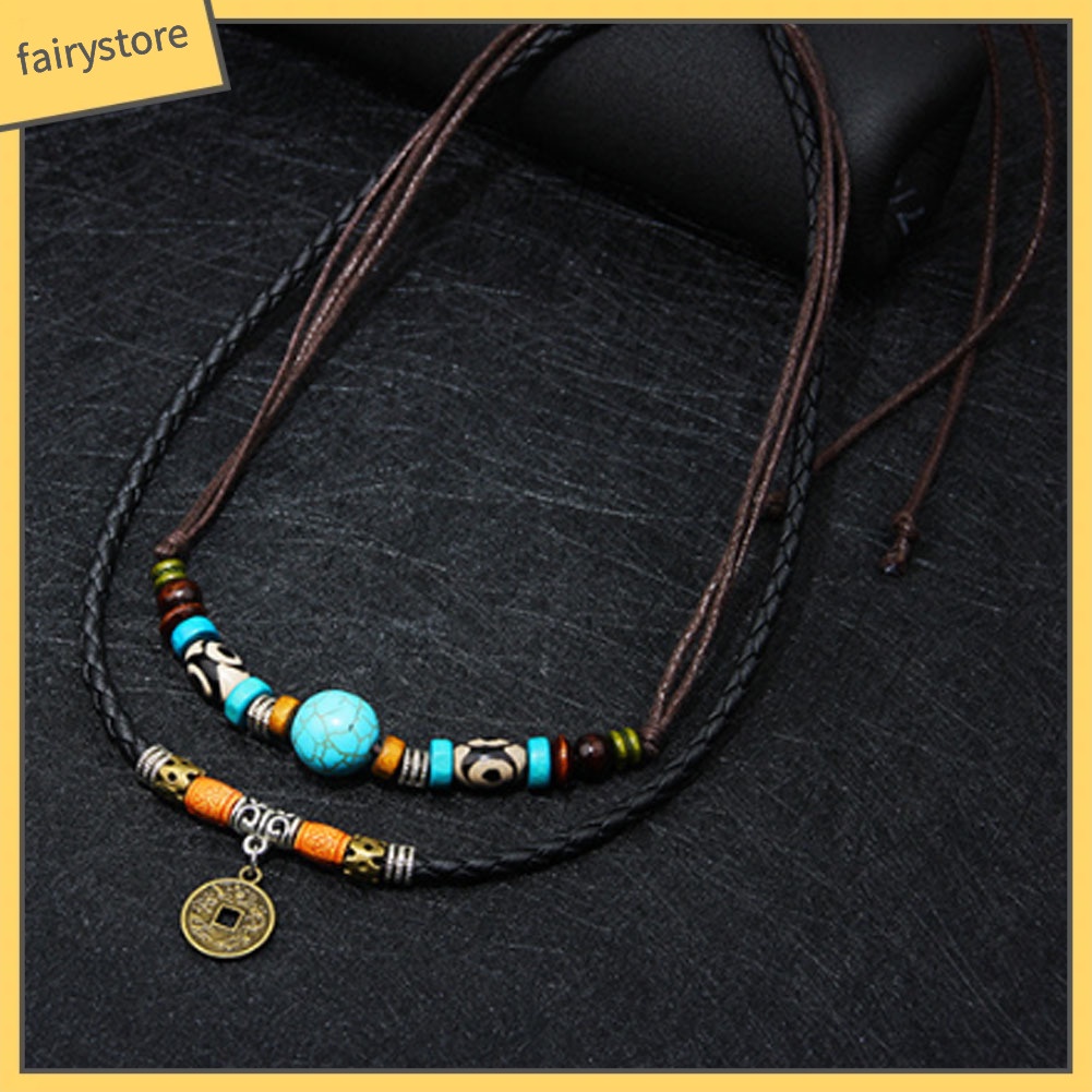 Dây chuyền hợp kim nhiều lớp đính ngọc lam giả &amp; đồng xu kiểu cách cổ điển