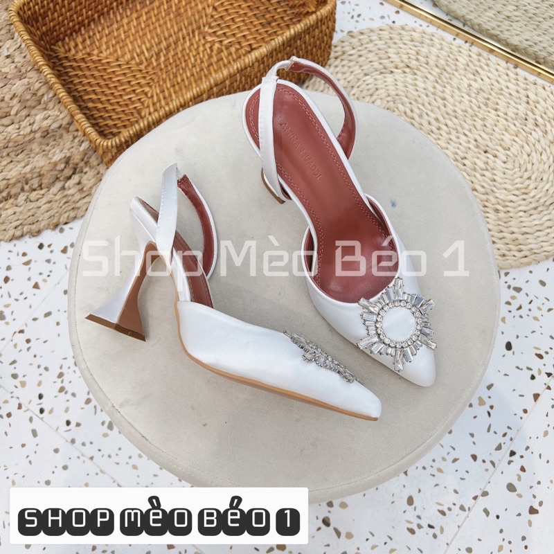 Sandal cao gót lụa mũi nhọn hoa đá gót loe fullbox hàng quảng châu cao cấp