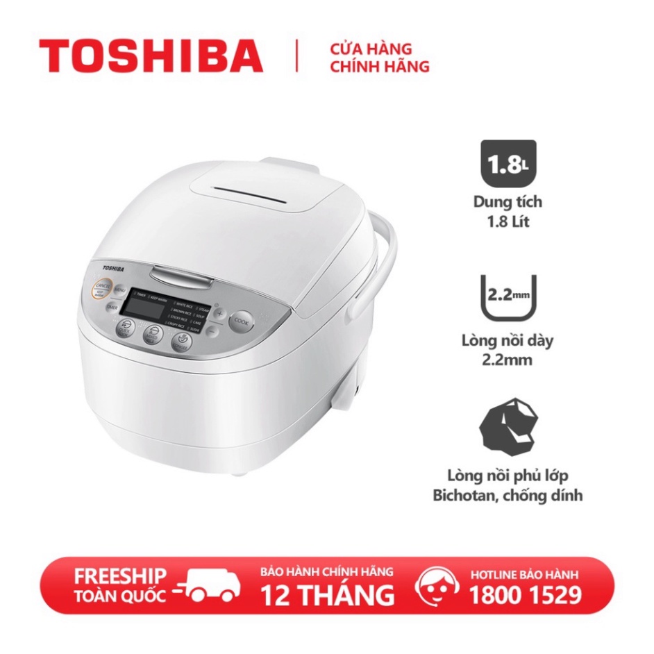 Nồi cơm điện tử Toshiba RC-18DH2PV(W) - 1.8L - Lòng nồi dày 2.2mm, chống dính - Hàng chính hãng, bảo hành 12 tháng