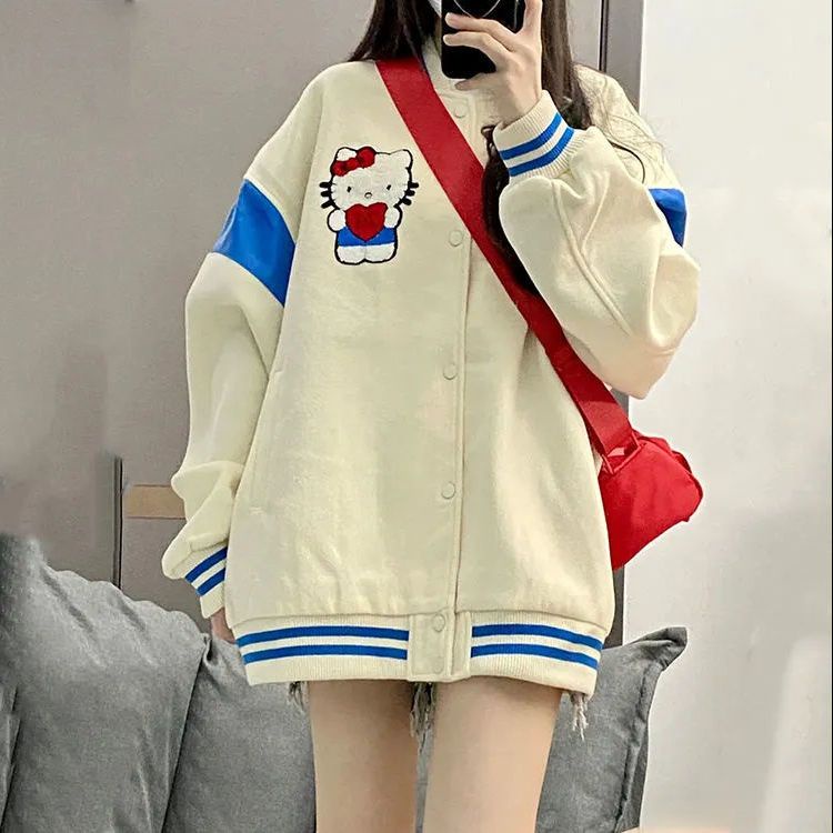 Áo Khoác Bóng Chày Có Nón In Hình Mèo Hello Kitty Phong Cách Hàn Quốc Thời Trang Thu Đông Cho Nữ