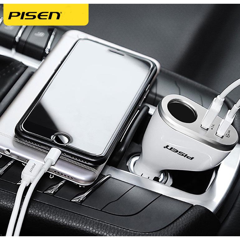Bộ chia tẩu sạc xe hơi Pisen – 1 cổng đầu tẩu 12V + 2 cổng USB