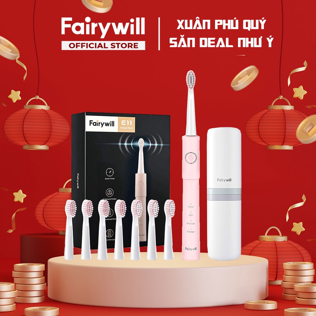 Bàn chải điện Fairywill E11 + 8 Đầu bàn chải + Hộp du lịch - 5 Chế độ Đánh răng và Làm trắng [12 tháng 1 đổi 1]