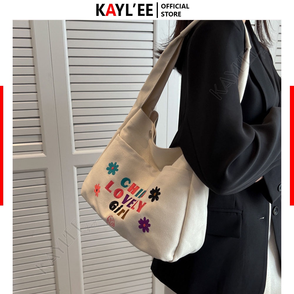 Túi vải canvas đeo vai xách tay thêu chữ đáng yêu thời trang KayLee KT33x12x27cm - PL09