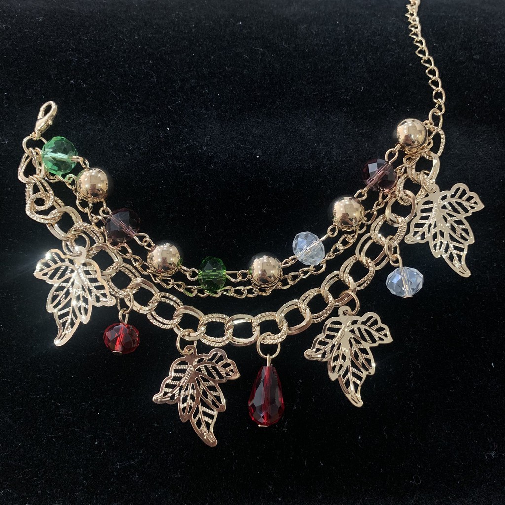 Vòng tay mạ vàng bộ 3 dây nối với nhau, vòng charm trái tim, chiếc lá và pha lê nhiều màu dễ thương mã CB12 | BigBuy360 - bigbuy360.vn