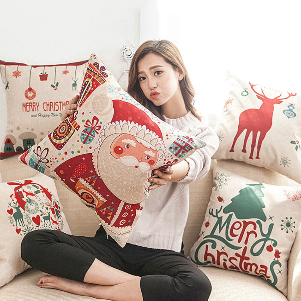 45cmx45cm Merry Christmas Decorative Pillowcases Santa Xmas Linen Cushion Cover Throw Pillow Case