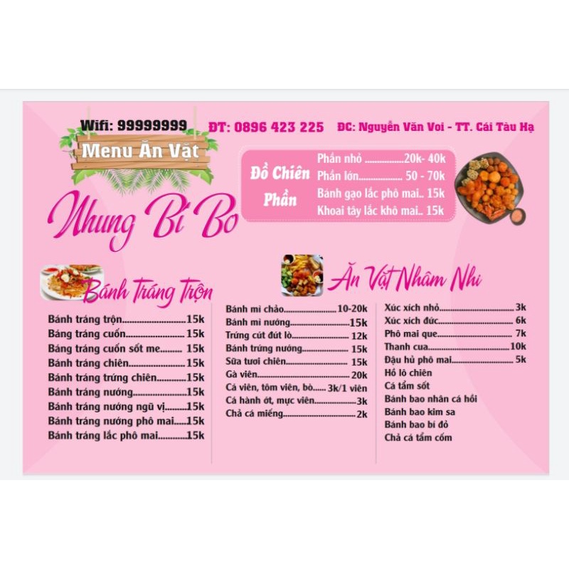 Bảng giá dịch vụ, Menu Spa, Salon, Nail, Ăn vặt, Quán Nhậu,...