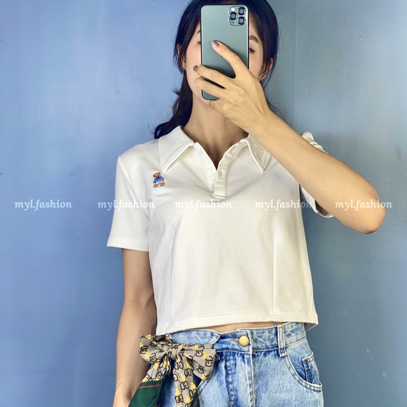 Áo thun croptop myl.fashion, áo kiểu croptop có cổ cộc tay thêu hình gấu | BigBuy360 - bigbuy360.vn