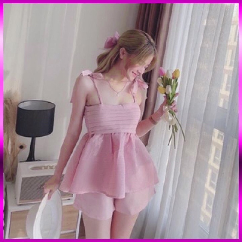 Set babydoll Bộ Áo 2 Dây Nơ Vai Xếp Ly Xếp Tầng Set Áo Nữ Xòe Kèm Quần có túi Short Vải Xốp 5 màu Xanh Hồng Đen Nâu Da