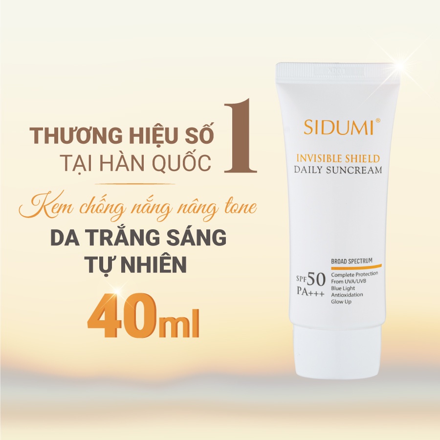 Kem chống nắng kiềm dầu Sidumi Invisible Shield Daily Sun Cream nâng tone dưỡng trắng da SPF 50 PA+++ 40ml SDM 601
