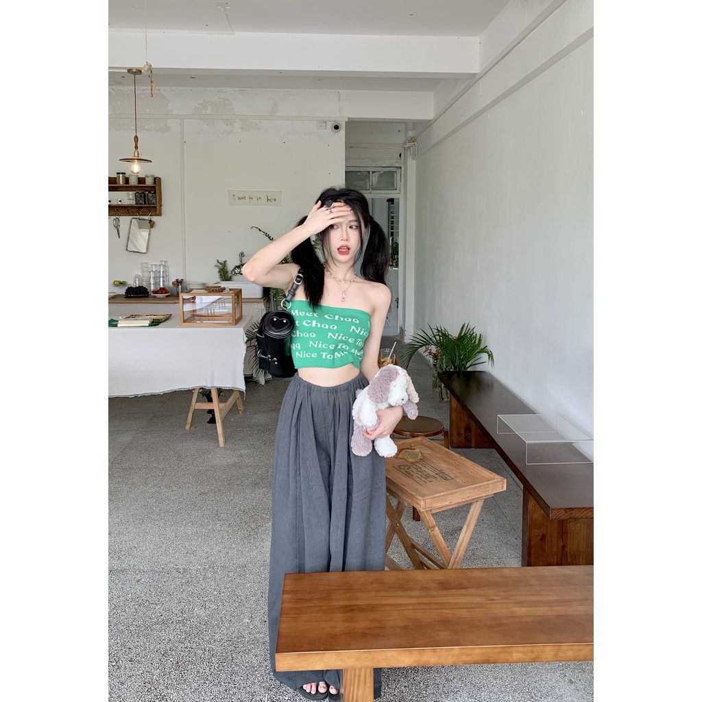 HUANG YOYO Áo croptop 2023 Áo Ống Dệt Kim Không Tay In Chữ Thời Trang Hàn Quốc Quyến Rũ Cho Nữ