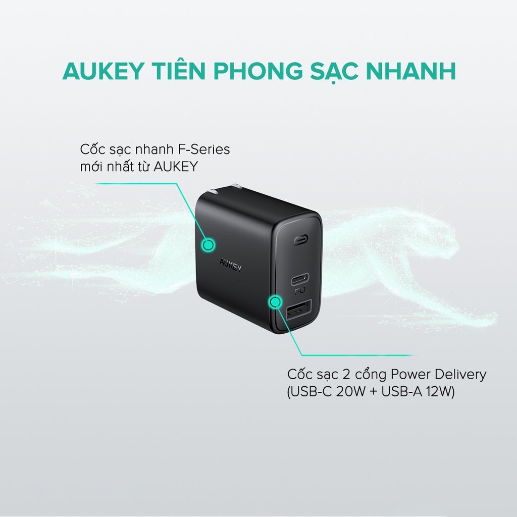 Cốc Sạc Nhanh Aukey 20W PA-B1, PA-F3S 32W PD 20W+12W,Cáp Sạc Nhanh CB-CL1(1.2m) Sạc Nhanh 2 Trong 1 iPhone PD 20W+QC 3.0