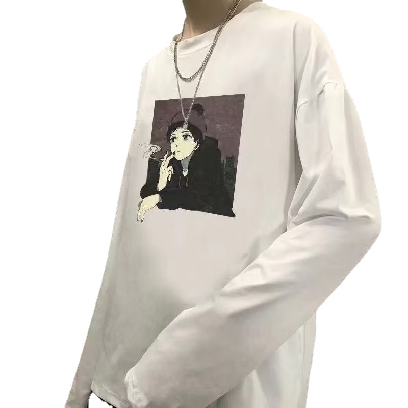 Áo Thun Tay Dài Cổ Tròn Dáng Rộng In Họa Tiết Hoạt Hình Phong Cách Hip Hop Hàn Quốc Thời Trang Cho Nam Size M-5XL