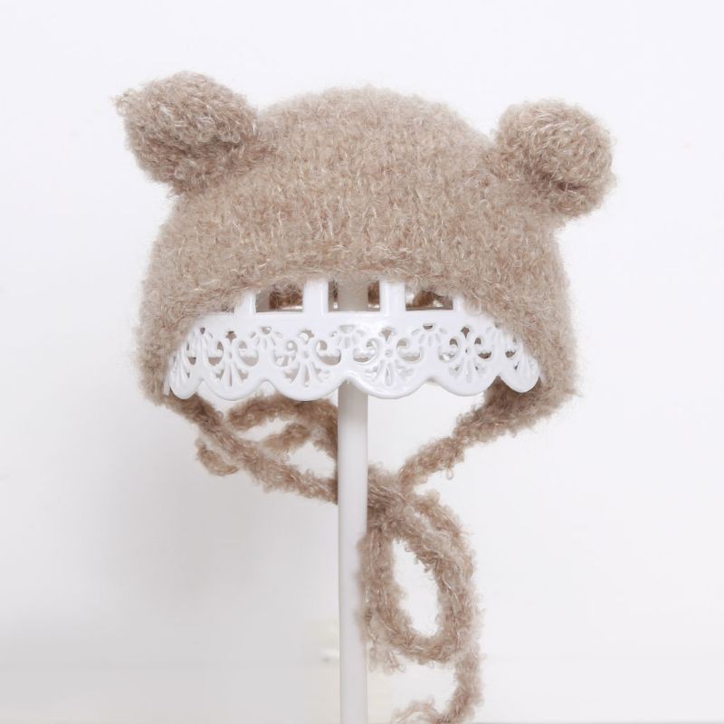 Mũ trùm đầu dệt kim hình tai gấu phụ kiện chụp hình cho bé