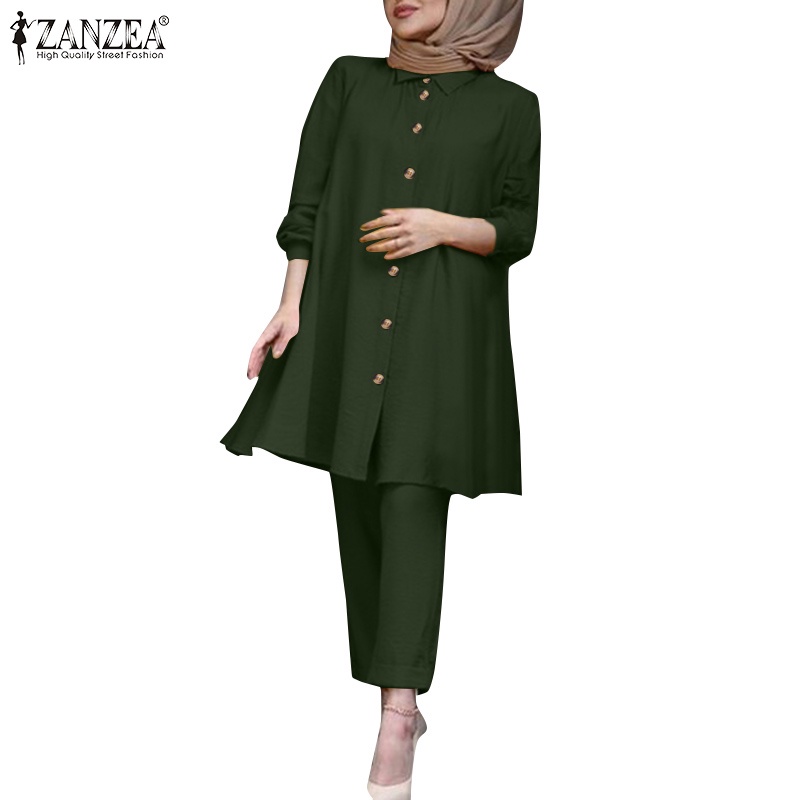 Zanzea Set Quần Dài Và Áo Tay Dài Màu Trơn Thời Trang Cho Phụ Nữ Hồi Giáo