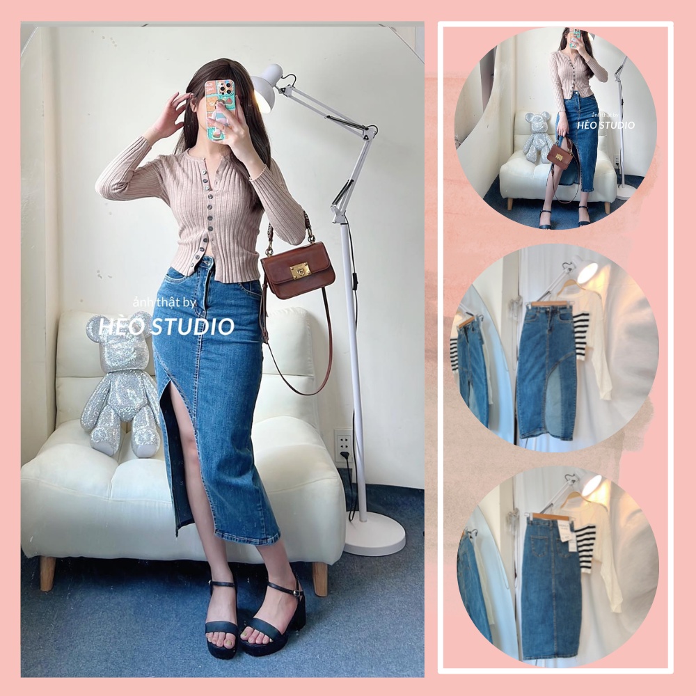 Chân Váy Jean Dài Xẻ Tà Hèo Studio (Ảnh Thật + Video)
