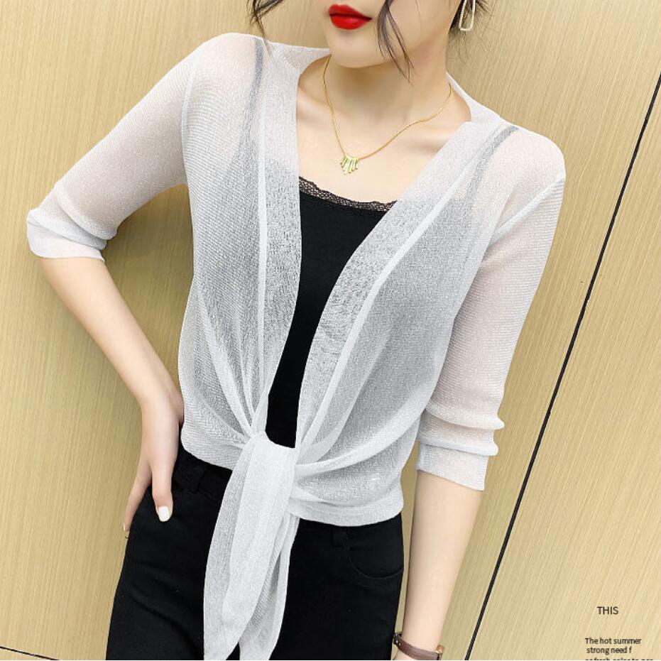 Áo Khoác Cardigan Vải Lưới Mỏng Màu Trơn Tay Lửng Chống Nắng Thời Trang Mùa Hè Cho Nữ