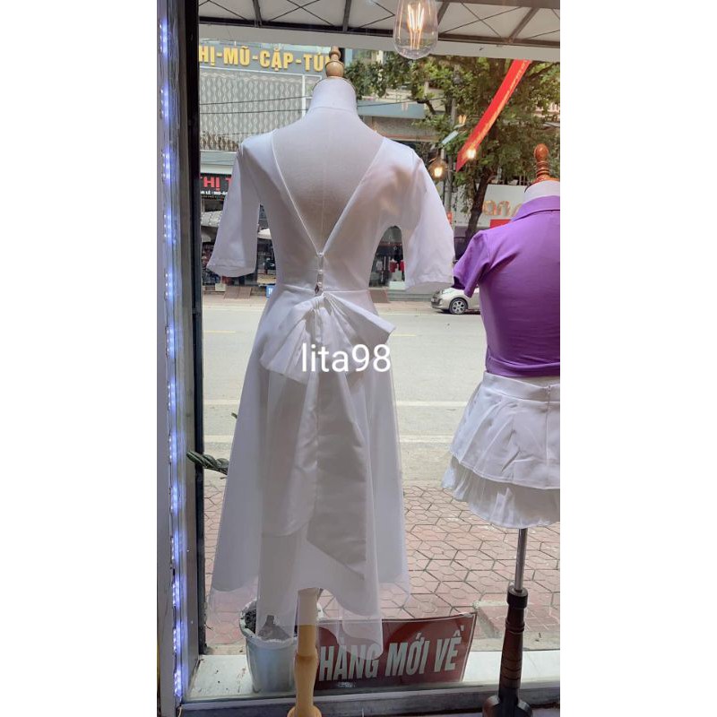váy trắng cô dâu, váy cưới công chúa dự tiệc cổ vuông khoét lưng thắt nơ sẵn size S, M kèm ảnh thật MS022 | BigBuy360 - bigbuy360.vn