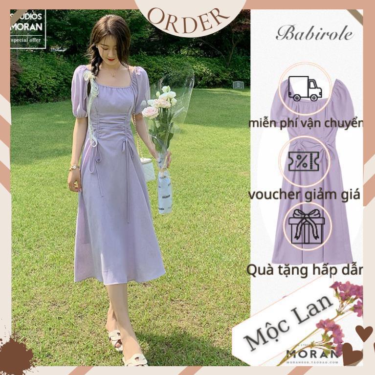 (MộcLan ORDER) Váy MORAN tay phồng cổ vuông eo rút dây 2 bên xòe dài tiểu thư sang trọng kiểu Pháp | BigBuy360 - bigbuy360.vn