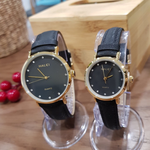 Đồng hồ đôi nam nữ Halei dây da đen mặt ngọc chính hãng Tony Watch 68 | BigBuy360 - bigbuy360.vn