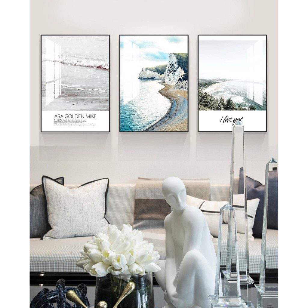 Tranh treo tường decor bộ 3 tranh tráng gương cao cấp mẫu bãi biển hiện đại phòng khách- GD46