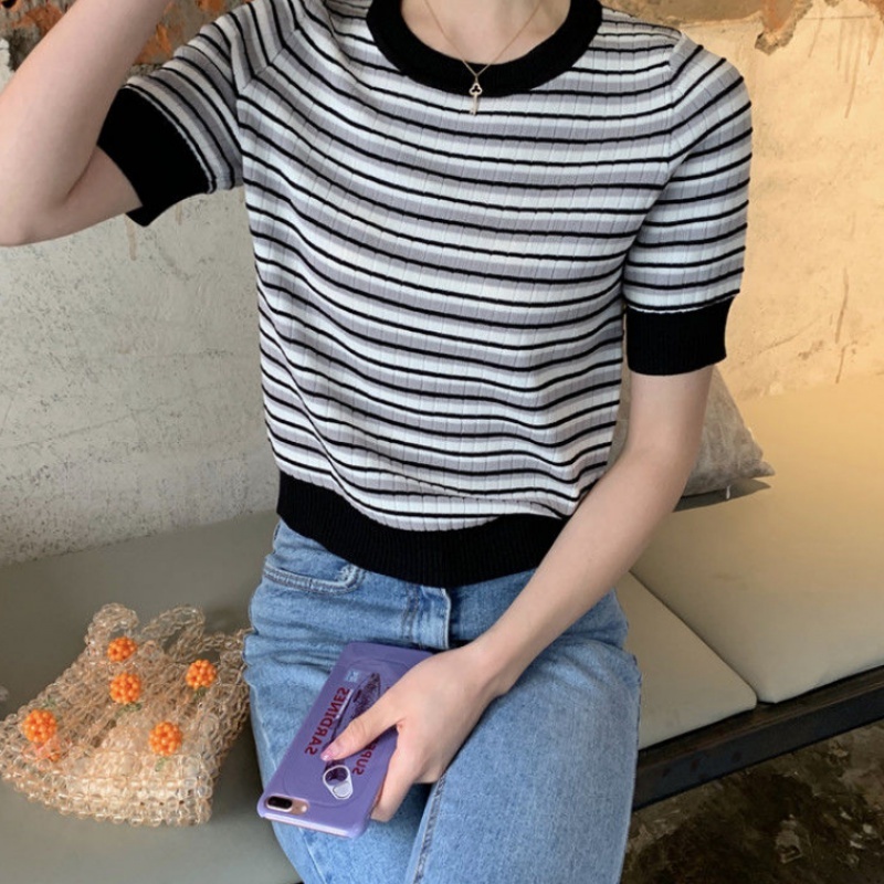 Áo thun NZN tay ngắn cổ tròn dáng rộng họa tiết kẻ sọc nhiều màu thời trang mùa hè cho nữ